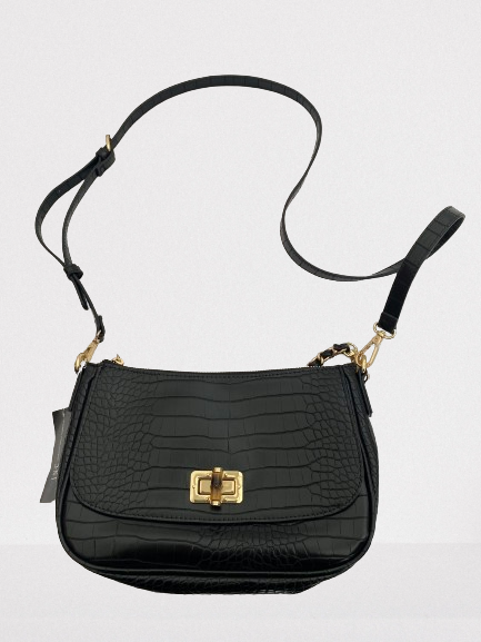 INC International Concepts Womens Holliee Crossbody Bag Black Gold Flap Croc New