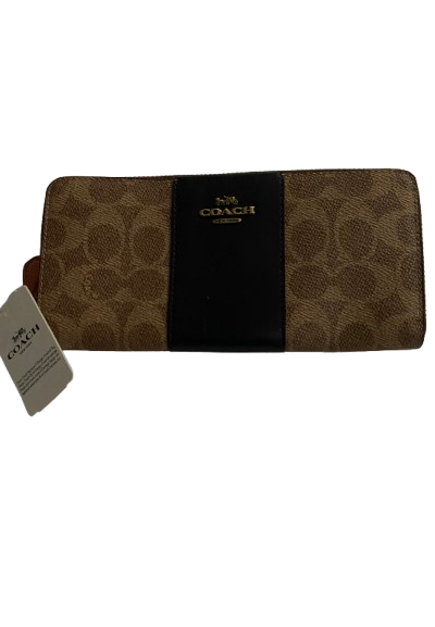 Coach New York Leather Sig Logo Accordion Zip Around Wallet – Tan Ink & Navy