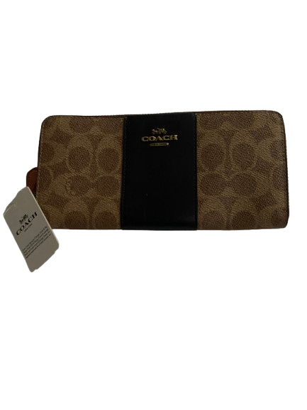 Coach New York Leather Sig Logo Accordion Zip Around Wallet – Tan Ink & Navy