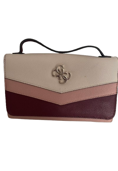 Guess Logo Charm Gold Chain Shoulder Bag/Purse - Pink/Biege/Wine